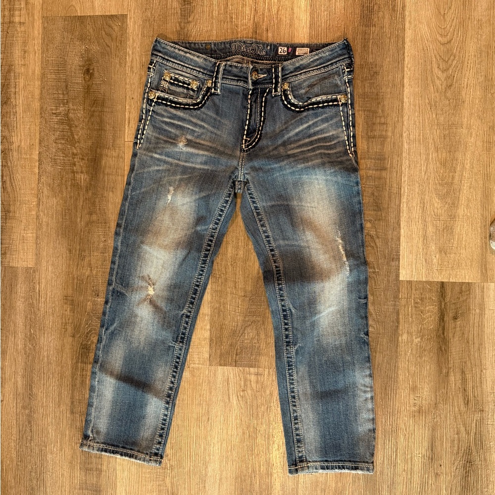 Miss Me Blue Cropped Jeans with White Stitching